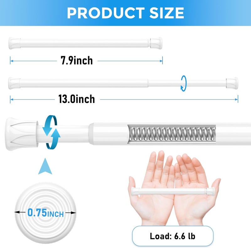 MEXAU 6PCS Small Tension Curtain Rod 8 to12.5Inch,White Short Curtain Rods No Drilling,Loaded Expandable Spring Curtain Rods for Windows,Kitchen,Closet,Cupboard,Door,Bookshelf - Image 2